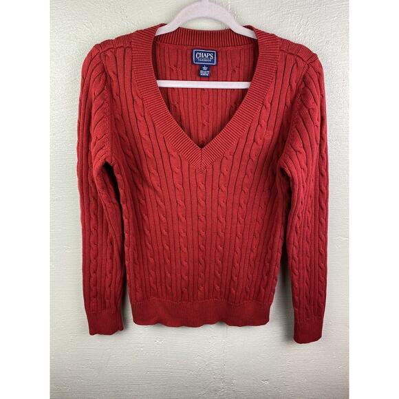 Chaps Women’s Red Cable Knit Cotton Sweater Size Large V Neck - Picture 1 of 4